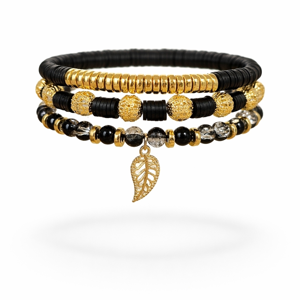 Gold & Black Layered Bead Bracelet Set with Leaf Charm